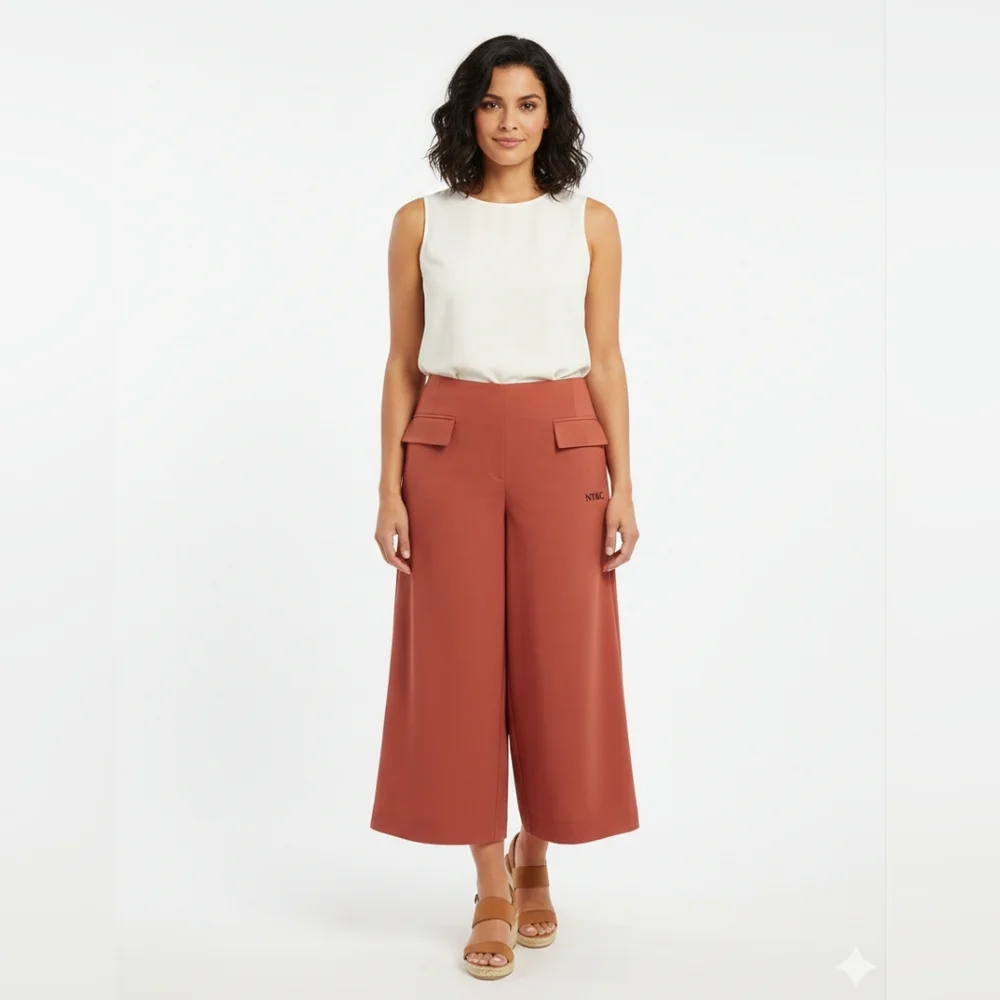 NYC Women's Rust Culottes Wide Legs, imitation front pouch and missing belt.